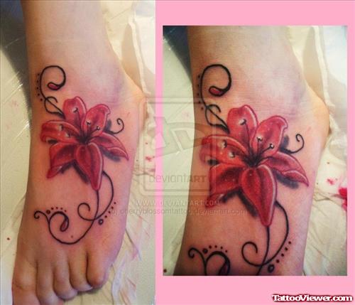 Red Ink Lily Flowers Foot Tattoo
