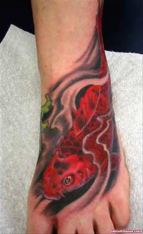 Red Ink Koi Fish Foot Tattoo