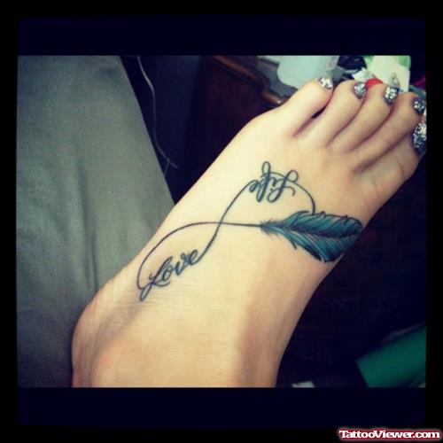 Feather And Infinity Symbol Left Foot Tattoo