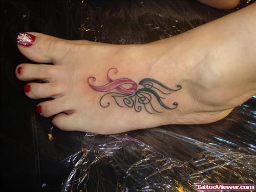 Cute Ribbon Foot Tattoo For Girls