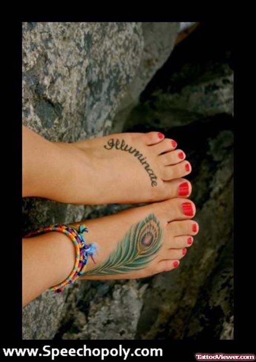 Colored Peacock Feather Foot Tattoo