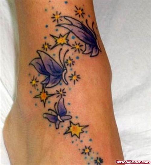Twinkling Yellow Stars And Butterfly Foot Tattoo