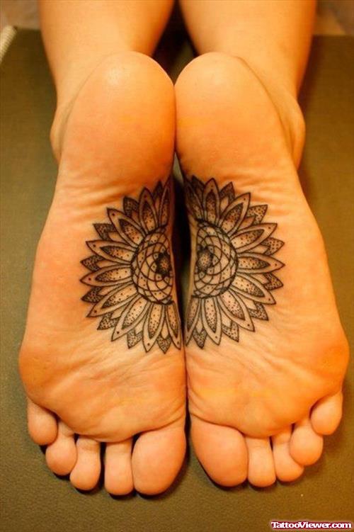 Grey Ink Mandala Flower Tattoos Under Feet