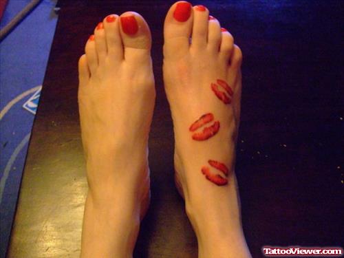 Red Ink Lip Prints Foot Tattoo For Girls