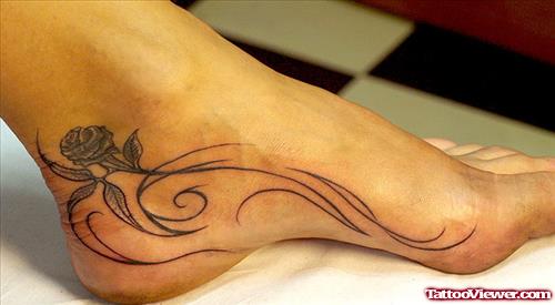 Grey Ink Rose Flower Foot Tattoo
