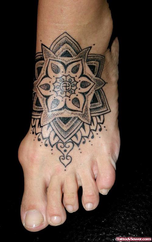 Grey Ink Mandala Flower Foot Tattoo