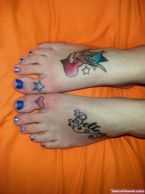 Believe And Flying Bird and Heart Tattoos On Feet