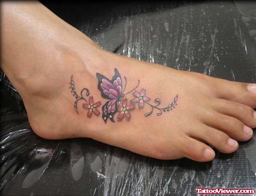 Beautiful Flowers And Butterfly Tattoo On Foot