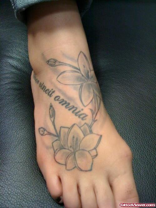 Grey Ink Flowers Tattoos On Right Foot