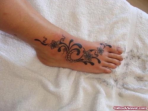 Grey Ink Flowers Right Foot Tattoo