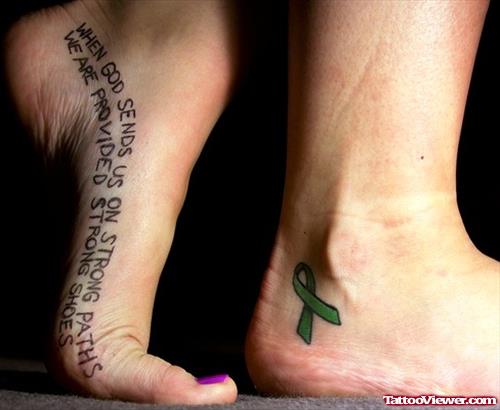 Green Ink Ribbon And Lettering Foot Tattoo
