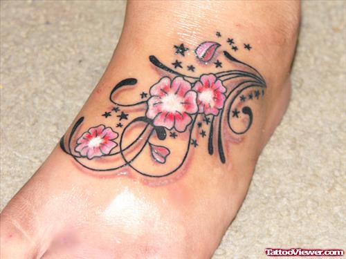 Color Flowers Tattoos On Left Foot
