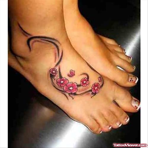 Cherry Blossom Flowers Right Foot Tattoo
