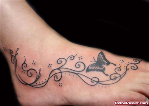 Attractive Grey Ink Butterfly Foot Tattoo