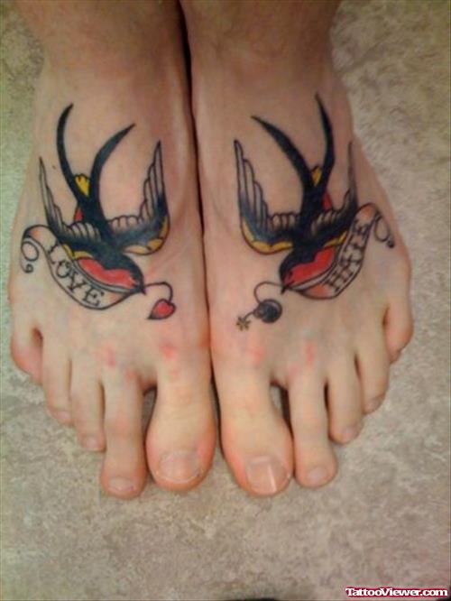 Colored Flying Birds Foot Tattoos