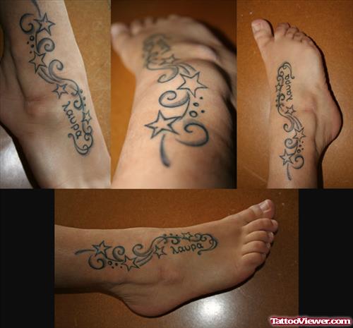 Black Ink Stars Tattoos Design For Foot