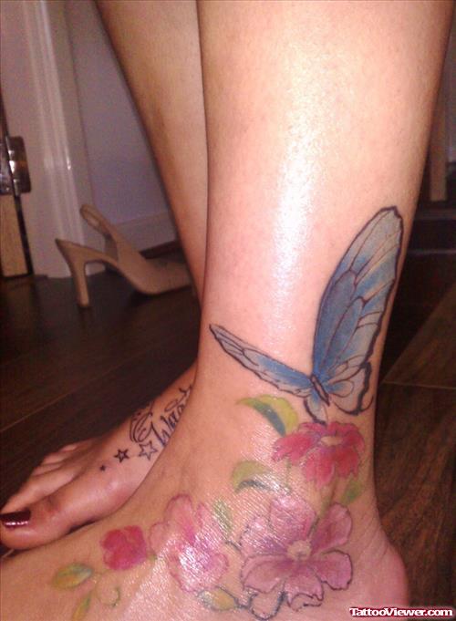 Best Colored Flowers And Butterfly Foot Tattoo