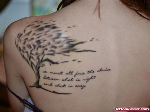 Tree And Lettering Tattoo On Back Shoulder
