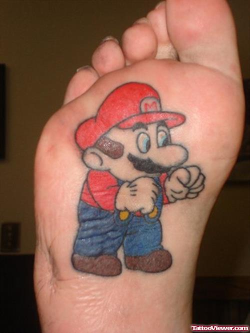 Awesome Colored Mario Tattoo Under Foot
