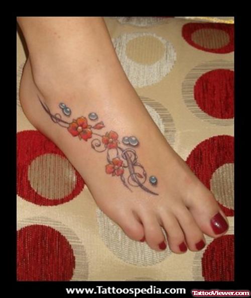 Color Flowers Foot Tattoo For Girls