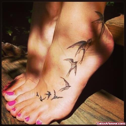 Black Ink Flying Birds Tattoos On Girl Left Foot