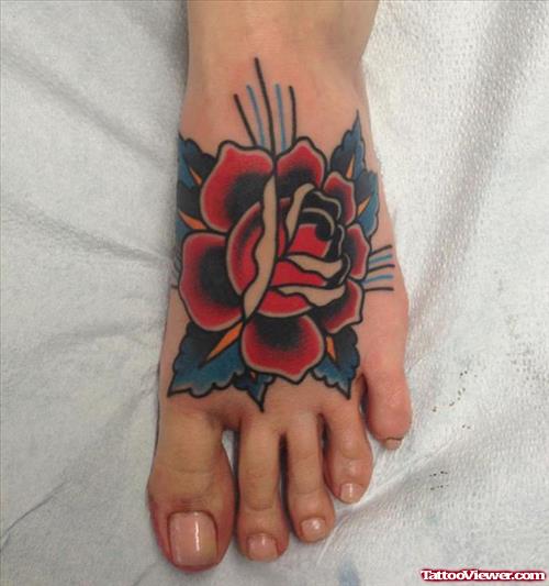 Awesome Red Rose Foot Tattoo