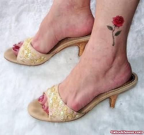 Red Rose Tattoo On Foot