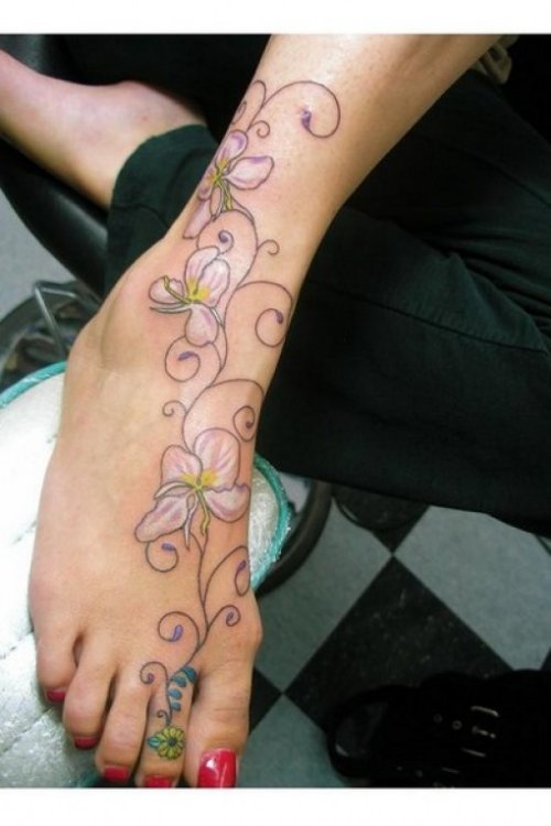 Awesome Flower Foot Tattoo For Girls