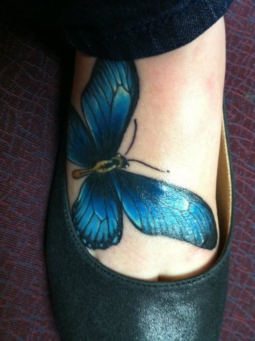 Large Blue Butterfly Foot Tattoo