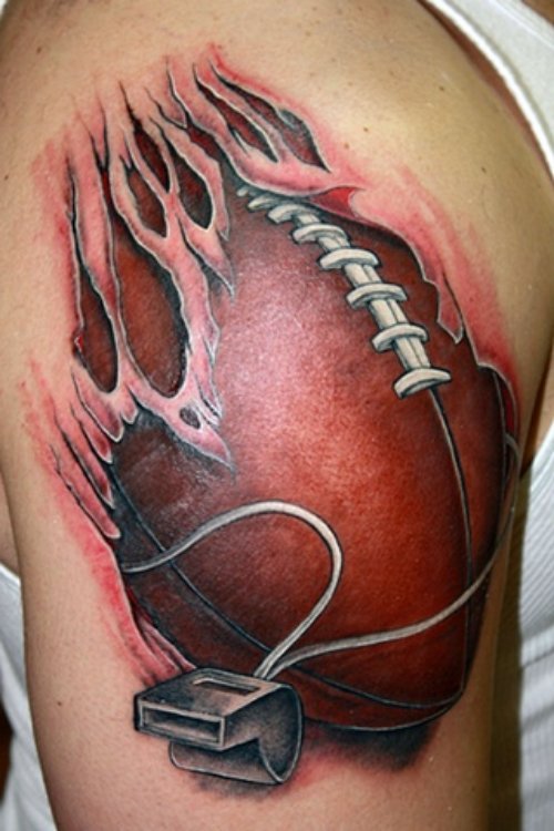 Ripped Skin Football Tattoo On shoulder