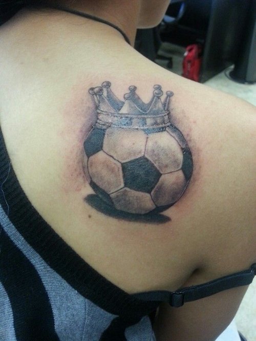 Crown Football Tattoo On Right Back Shoulder