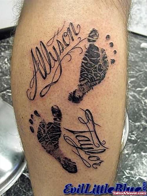 Man Feet Tattoo on Leg