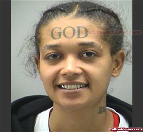 God Tattoo On Girl Forehead