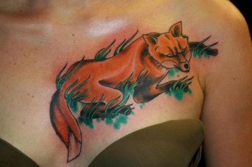 Fox Tattoo On Girl Chest