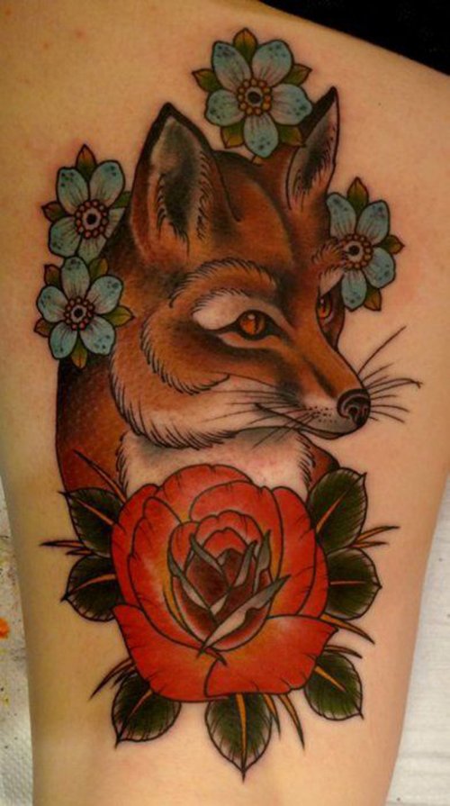 Red Flower And Fox Head Tattoo