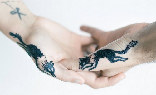 Black Ink Fox Tattoos On Both Hands