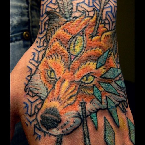 Color Ink Fox Head Tattoo On Left Back Hand