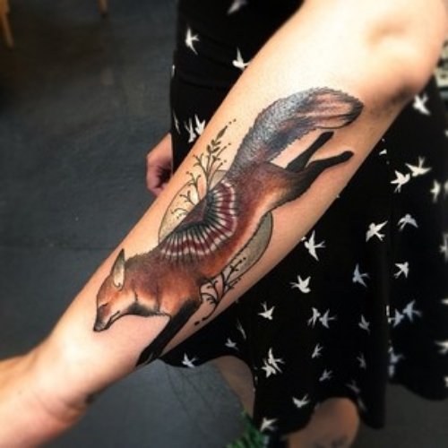 Amazing Colored Fox Tattoo On Left Sleeve