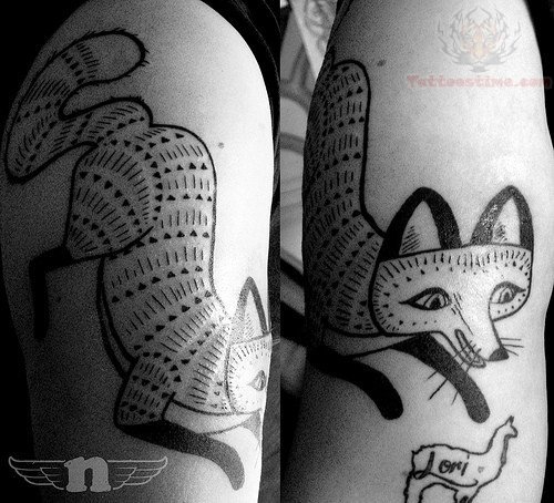 Grey Ink Fox Tattoo On Biceps