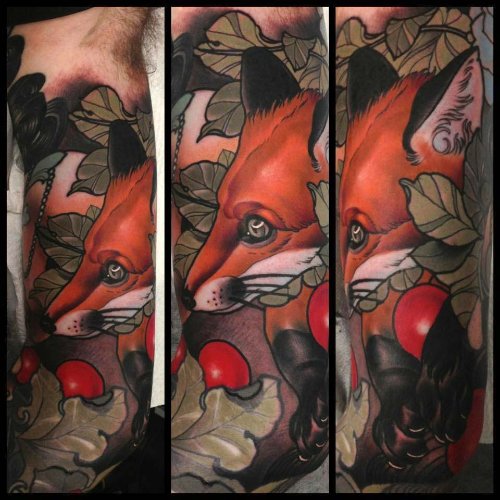 Beautiful Color Ink Fox Head Tattoo