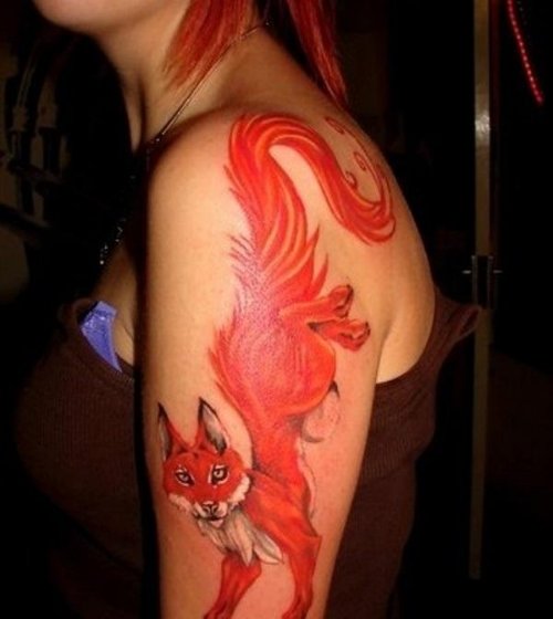 Fox Tattoo On Girl Left Half Sleeve