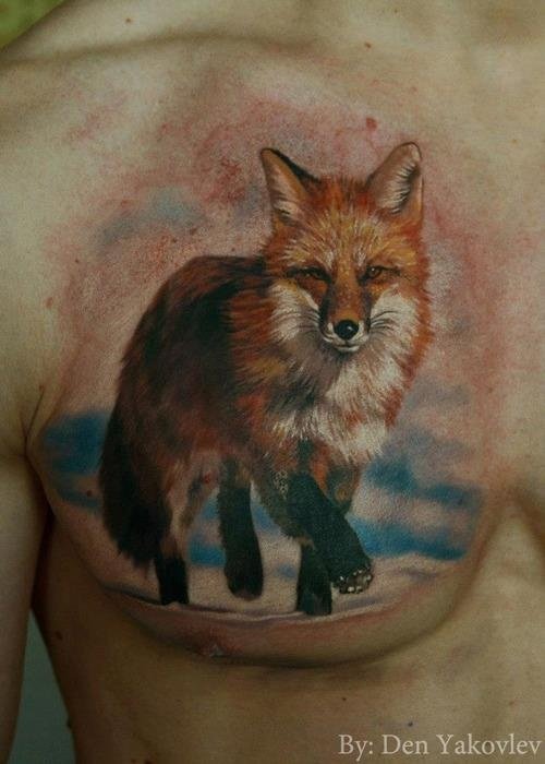 Color Fox Tattoo On Man Chest