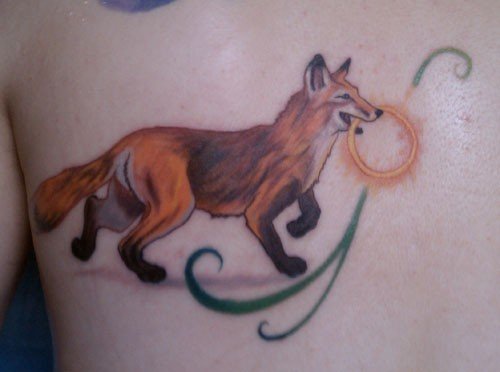 Color Ink Fox Tattoo On Back Body