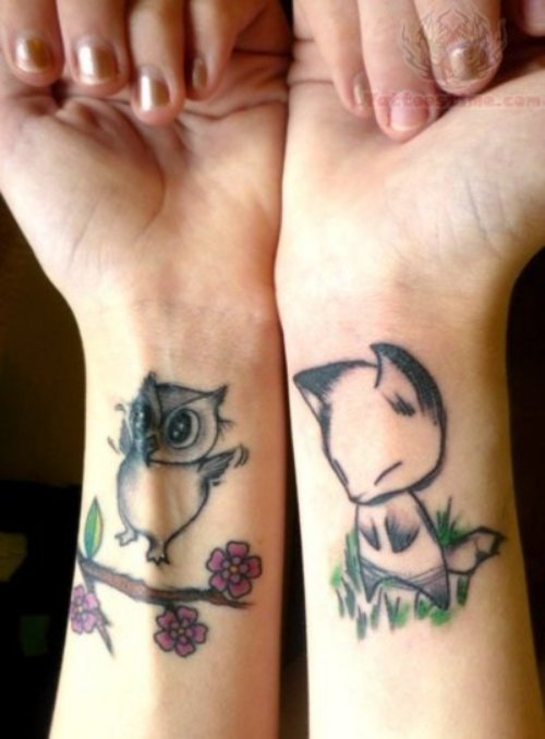 Owl And Fox Tattoos On Wrist
