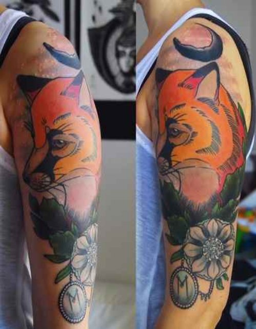 Flower And Fox Head Tattoo On Left Half Sleeve