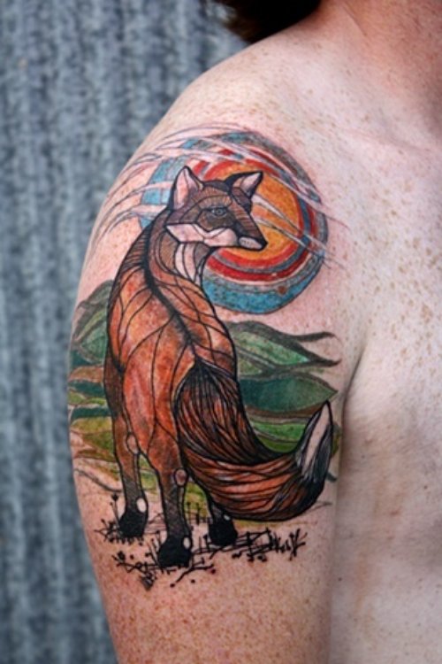 Abstract Colored Fox Tattoo On Right Shoulder