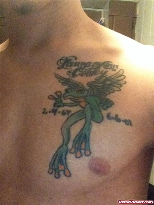 Memorial Frog Tattoo On Man Chest