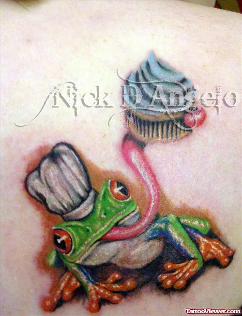 Realistic Frog With Cupcake Tattoo