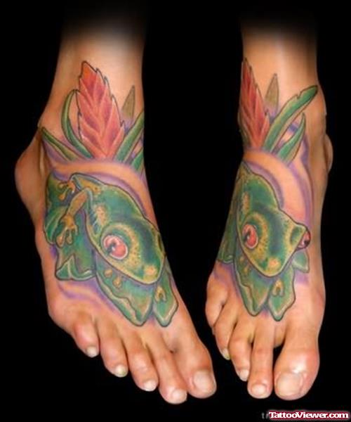Green Frog Tattoo On Foot