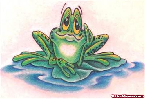 Cartoon Frog on Lilypad Tattoo Design